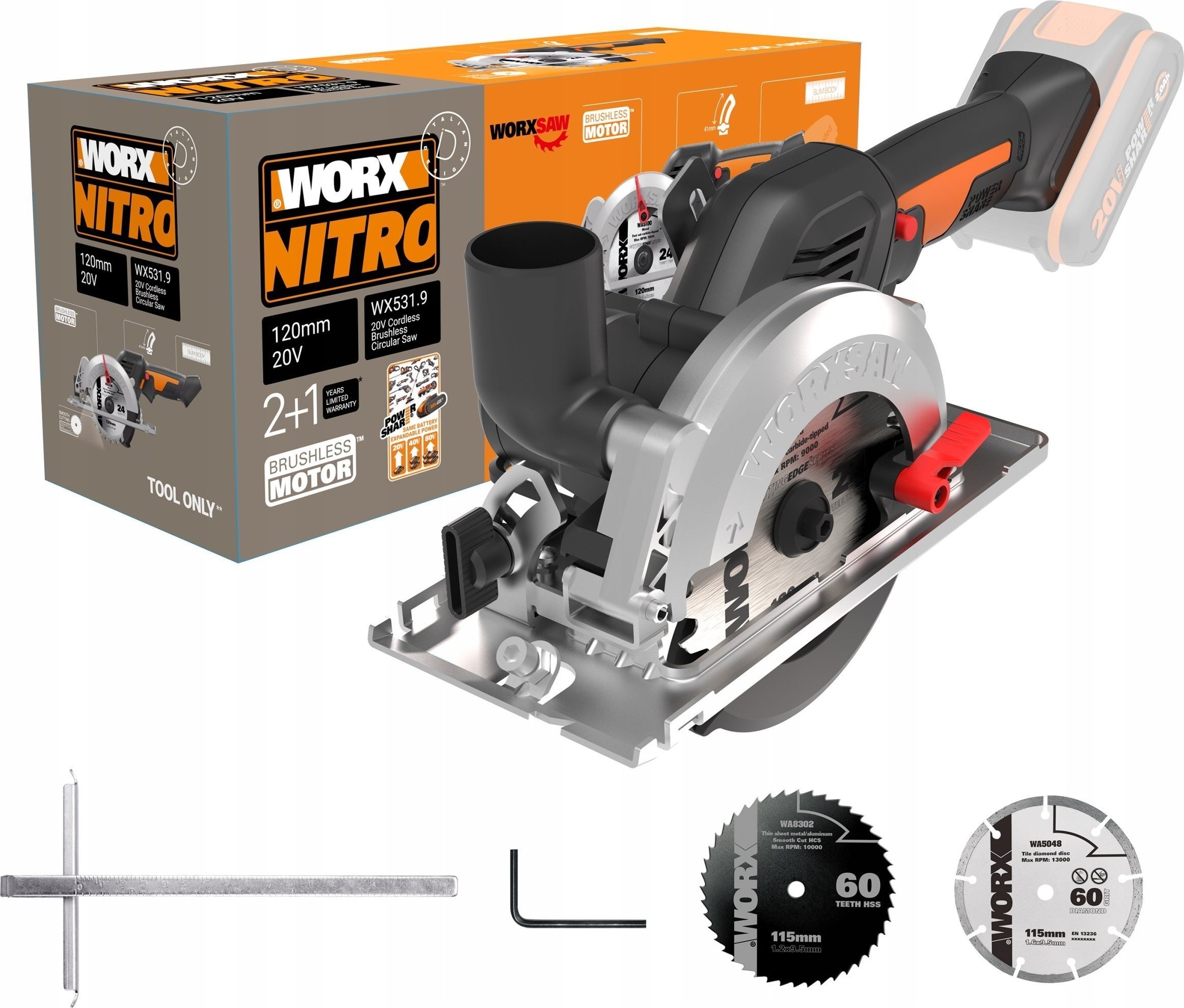 Worx WX531.9 Kreissäge, 500 W, 20 V, 120 mm