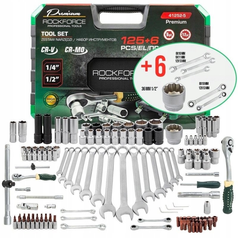 Werkzeugset 125+6-teilig, 1/4", 3/8", 1/2" Premium