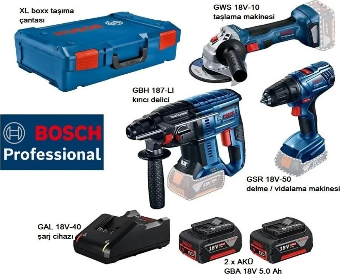 Bosch-Werkzeugset BOSCH COMBO-SET 18 V (GSB 18V-50 + GWS 18V-10 + GBH 187-LI) 2x5,0 Ah + XL-BOXX
