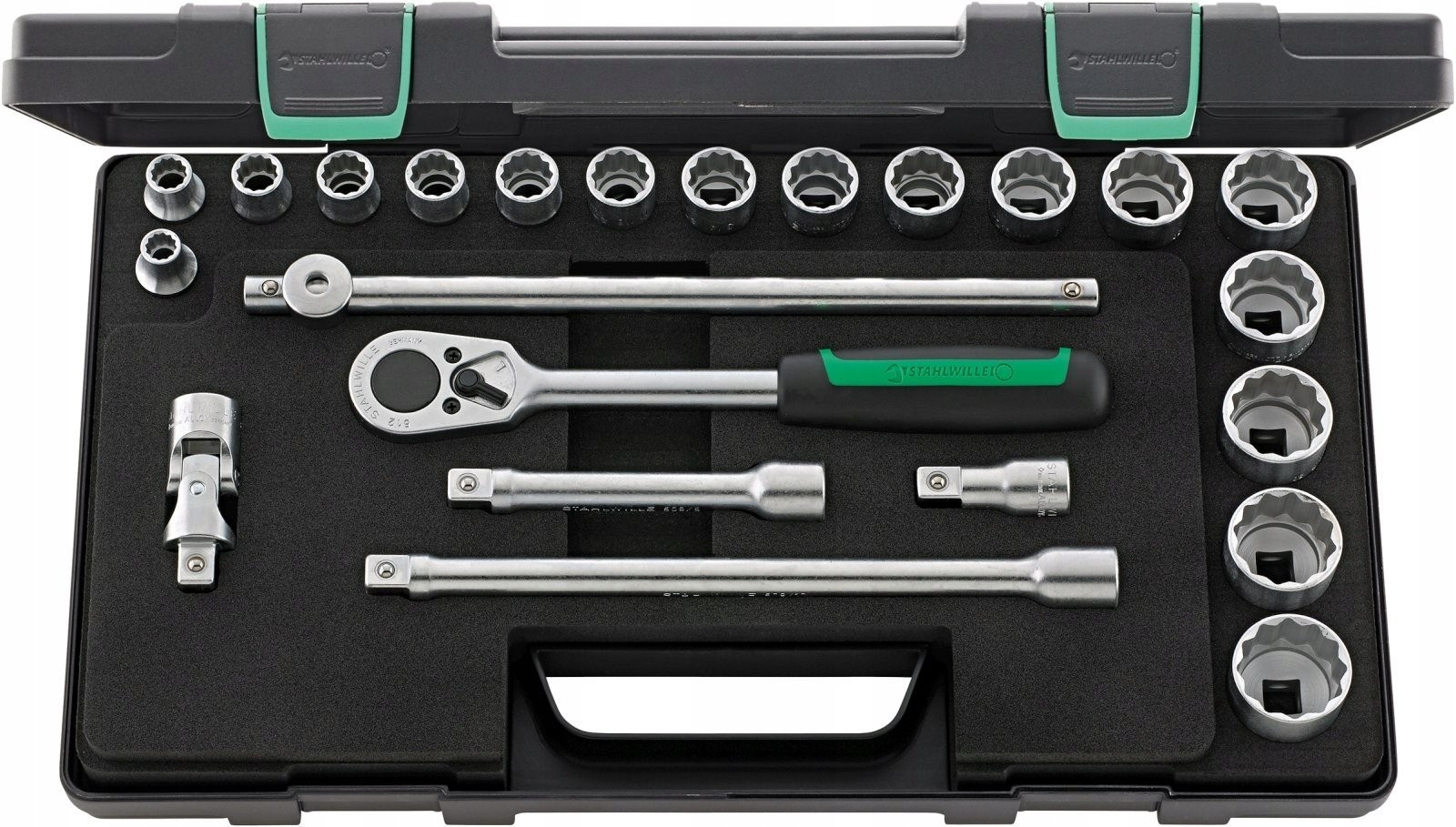Stahlwille-Werkzeugset 1/2" 23-teilig (17 Zoll-Steckschlüsseleinsätze mit 12-Kant, Ratsche, 3 Verlängerungen, Drehknopf, Gelenk)