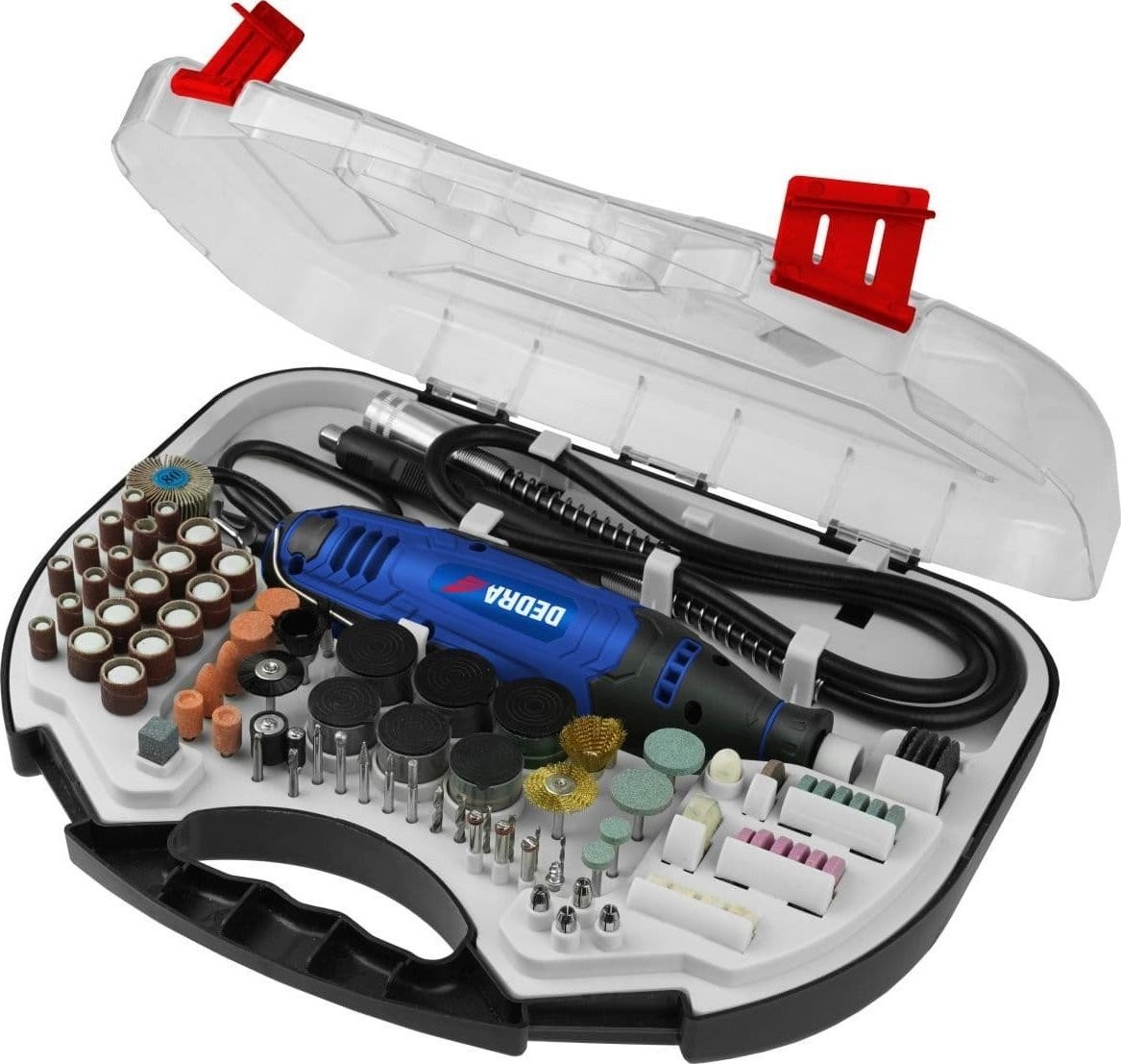 Dedra-Schleifmaschine, Mini-Schleifmaschine 135 W – Set mit 215 Zubehörteilen, Koffer