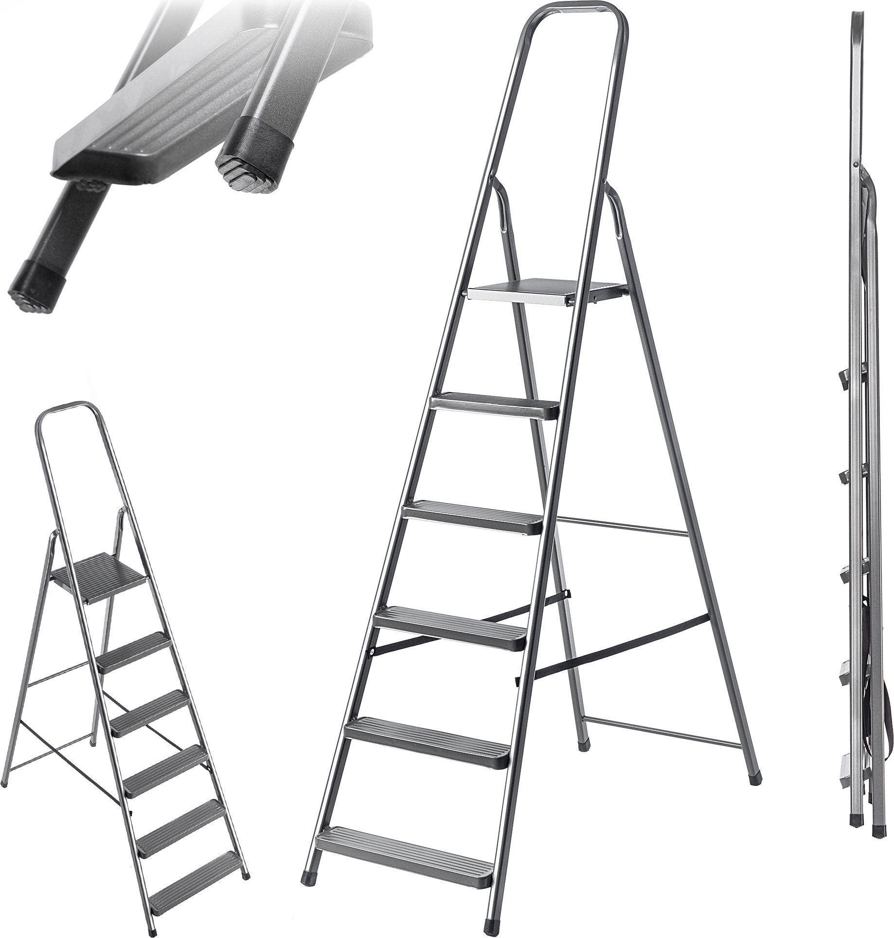 6-stufige Stahlleiter – Klappbare Haushaltsleiter, stabile Stufen, Tragkraft 125 kg