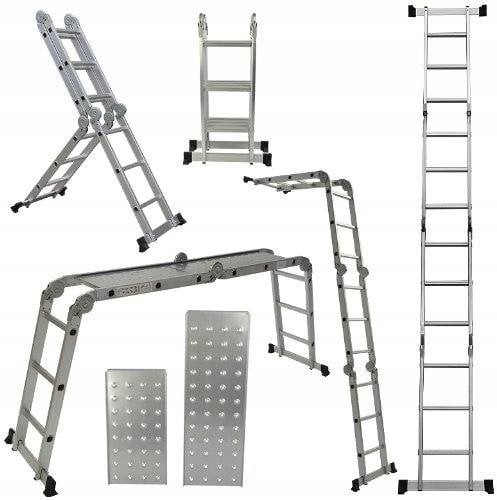 MULTIFUNKTIONALE ALUMINIUM-GELENKLEITER 4x3 + PLATTFORM MIT GROSSEN SCHARNIEREN