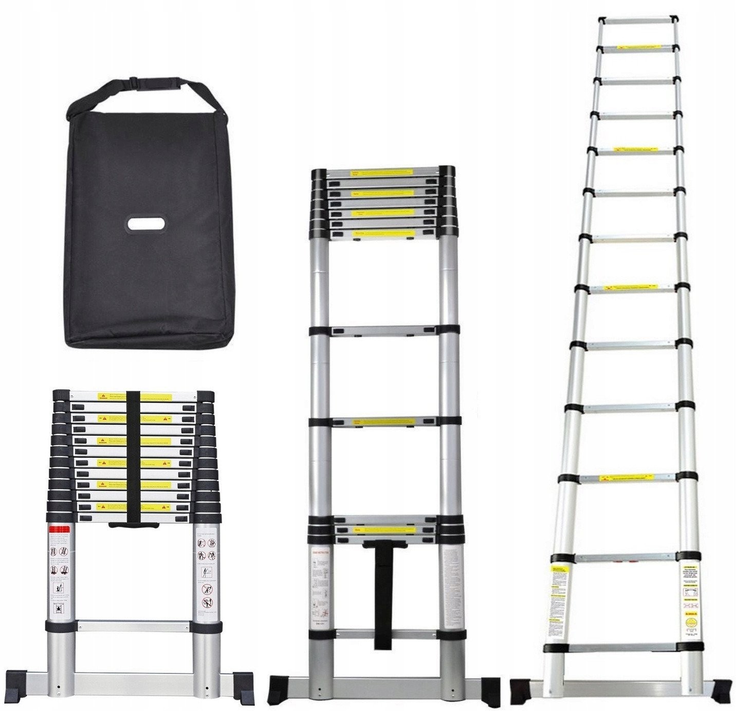 TELESKOPLEITER 3,8 m, Aluminium, ausziehbar + Stützfuß und Schutzhülle