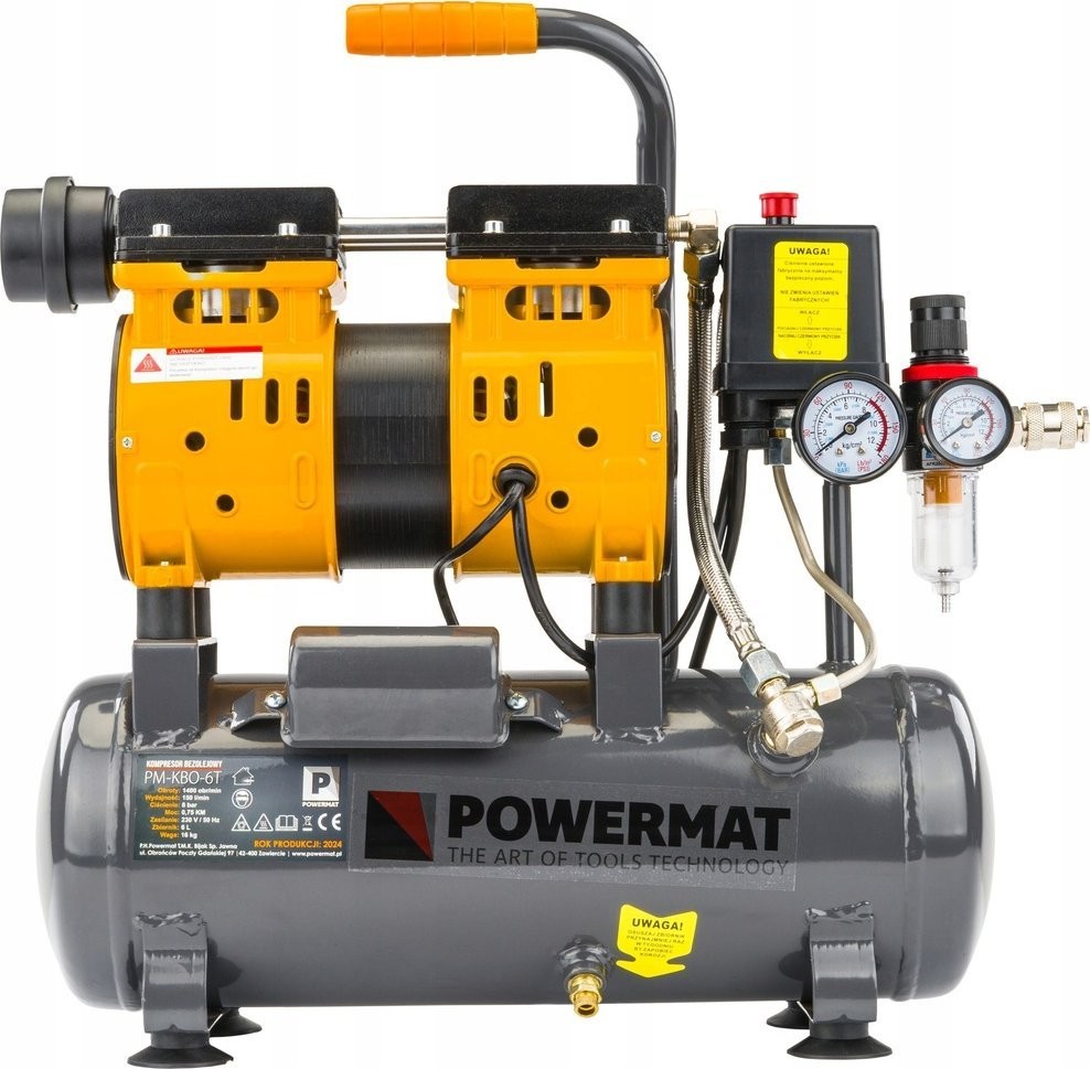 Powermat-Kompressor – ÖLFREIER KOMPRESSOR 6 l, 8 bar, 150 l/min, 230 V, LEISER ABSCHEIDER 59 dB