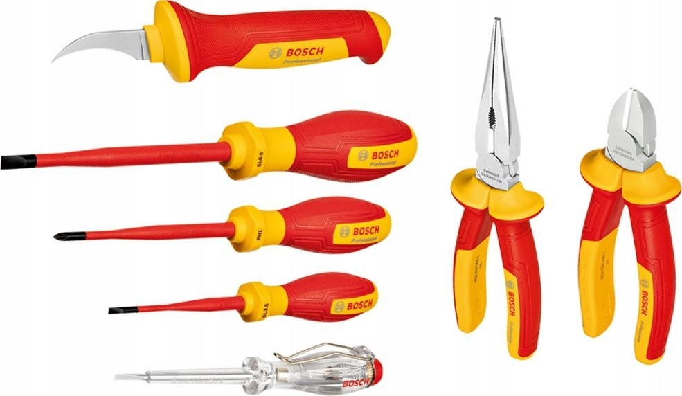 Bosch-Werkzeugset „Bosch VDE“, gemischt, 7-teilig (rot/gelb, Seitenschneider, Spitzzange, 4 Schraubendreher, Abisolierzange)