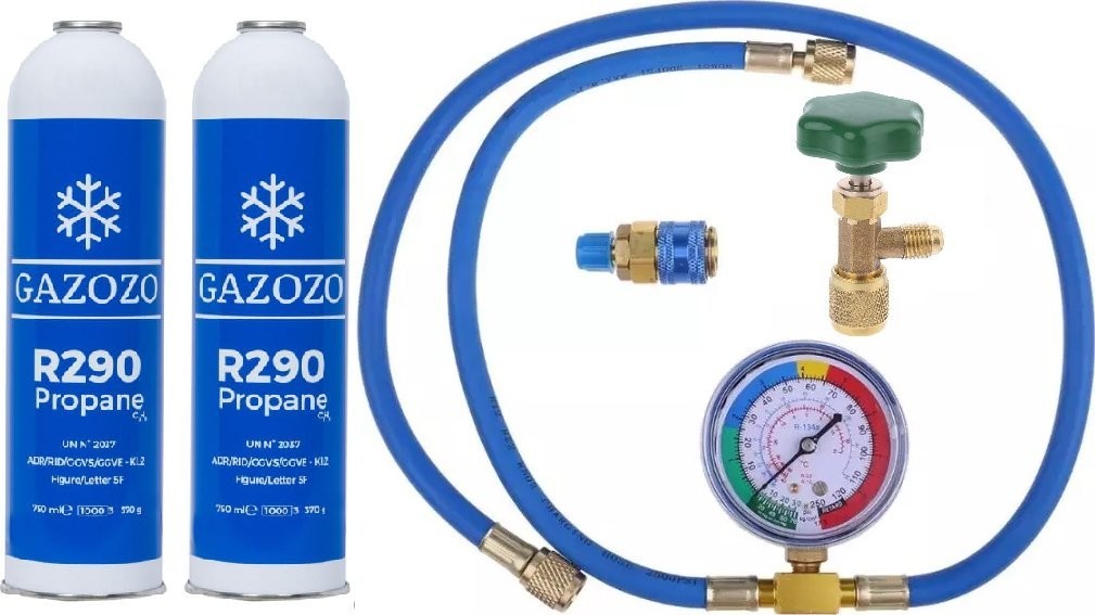 Litago-Set zum Befüllen mit dem Kältemittel Propan  R290 WÄRMEPUMPEN  Kühlschränke mit Freon, zwei Flaschen