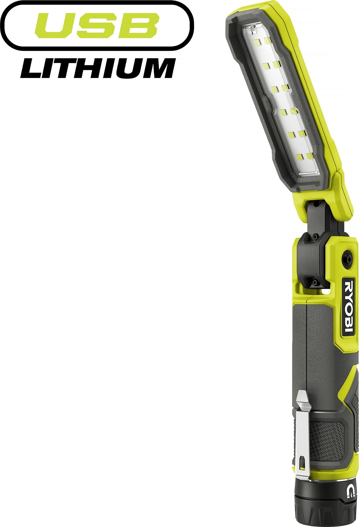 Akku-Werkstattleuchte RYOBI RLI4-0, 4,0 V, 100/250/650 lm, mit Magnet, ohne Akku.