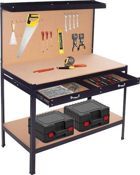 Springos Werkstatttisch für die Garage 120 x 60 x 155 cm mit Arbeitsplatte und Schublade, schwarz-braun, UNIVERSELL