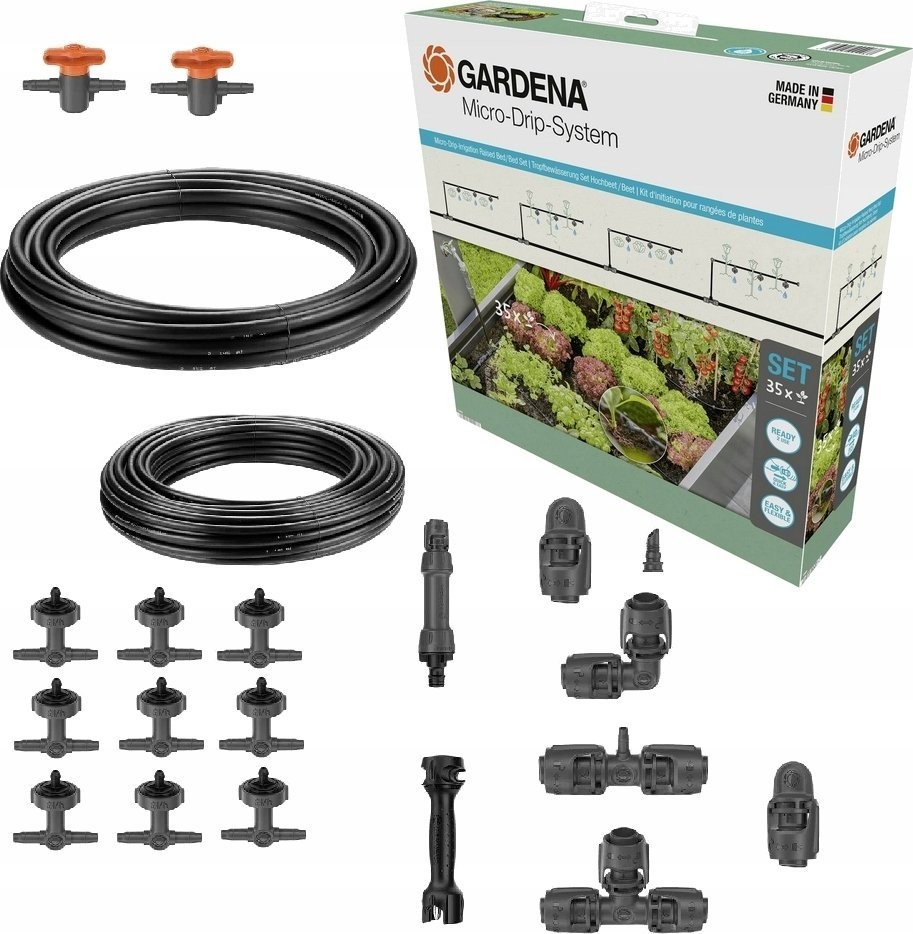 Gardena GARDENA Micro-Drip System Tropfbewässerungsset für Hochbeete/Beete, 35 Pflanzen, Tropfer (Schwarz/Grau, Modell 2023)