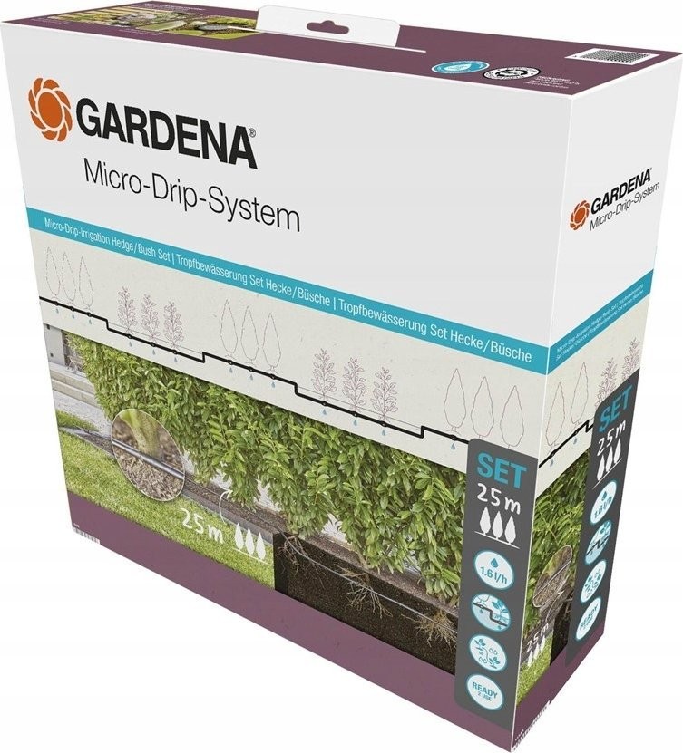 Gardena GARDENA Micro-Drip-System Tropfbewässerungsset für Hecken/Sträucher, 25 Meter, Tropfer (schwarz, Modell 2023, ober- und unterirdisch)