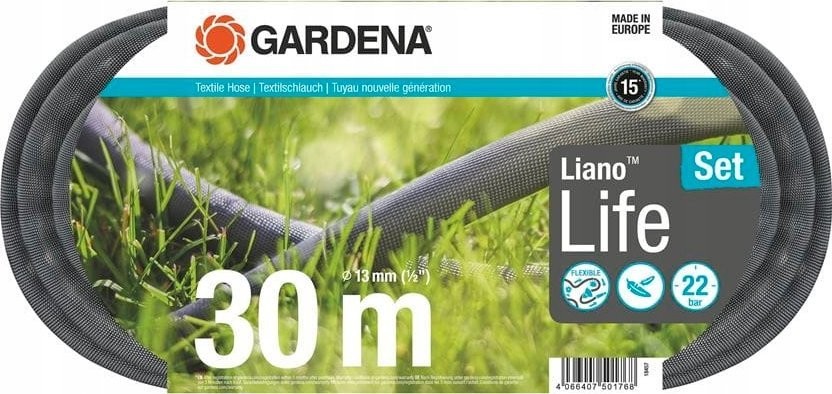 Gardena Gardena Textilschlauch Liano Life 1/2, 30-Meter-Set (dunkelgrau/orange, Modell 2023, inkl. Reinigungsdüse, 2 Wasserhahnanschlüsse