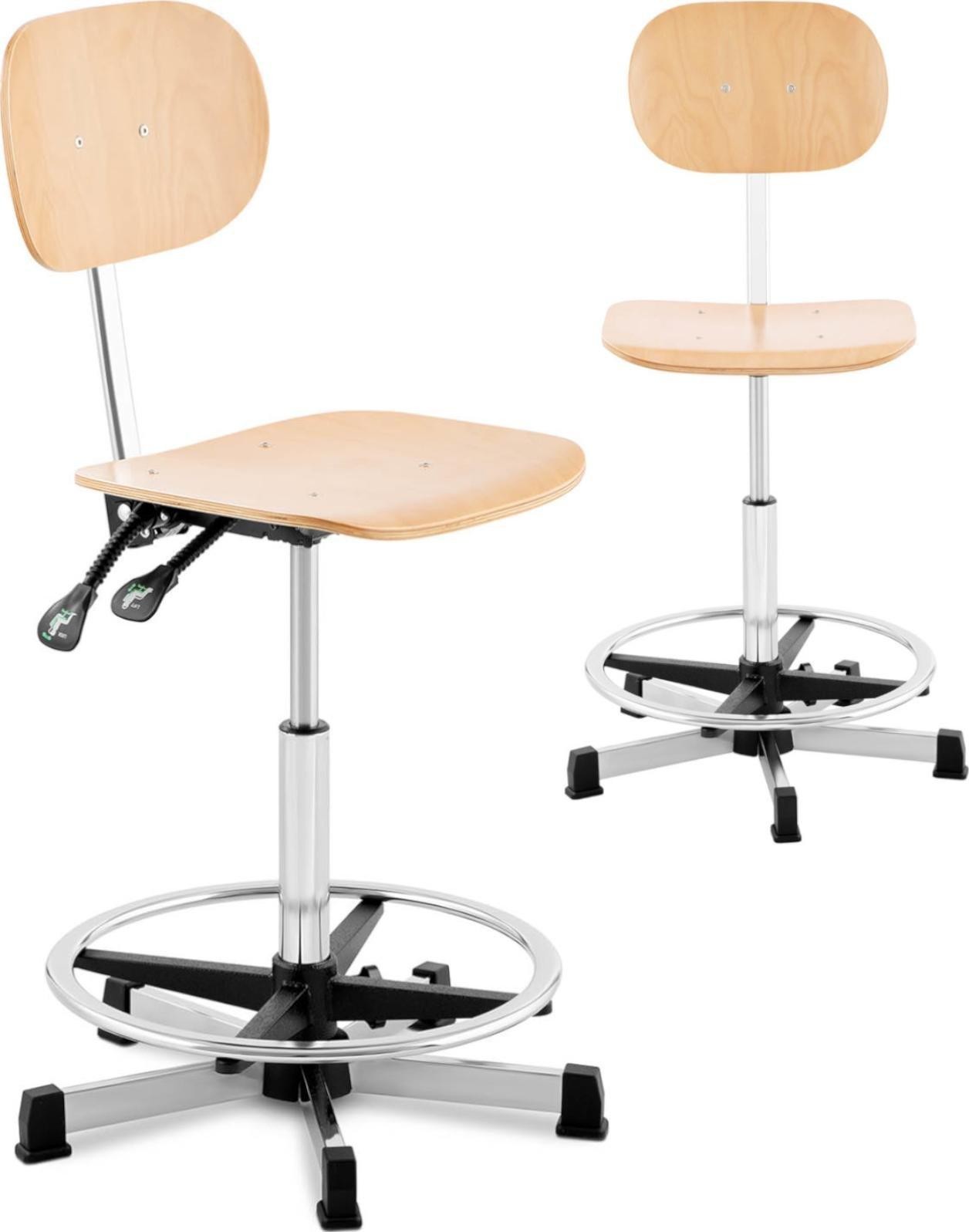 FROMM&STARCK Werkstatt-Arbeitsstuhl mit Rückenlehne und Fußstütze aus Sperrholz, CHROM, bis 120 kg, 550–800 mm
