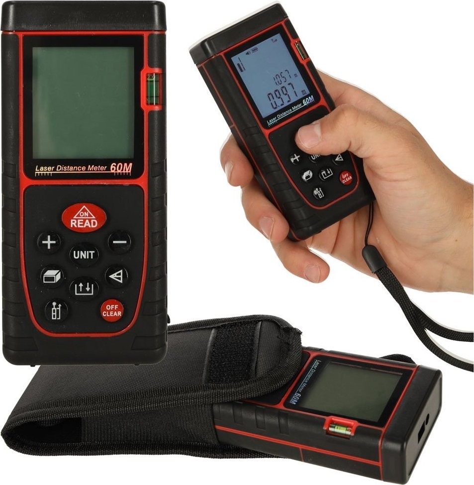 Laser-Entfernungsmesser KIK KAFUWELL – digitaler, wasserdichter Laser-Entfernungsmesser (IP54), 3 mm/60 m, mit Schutzhülle, Batteriebetrieb