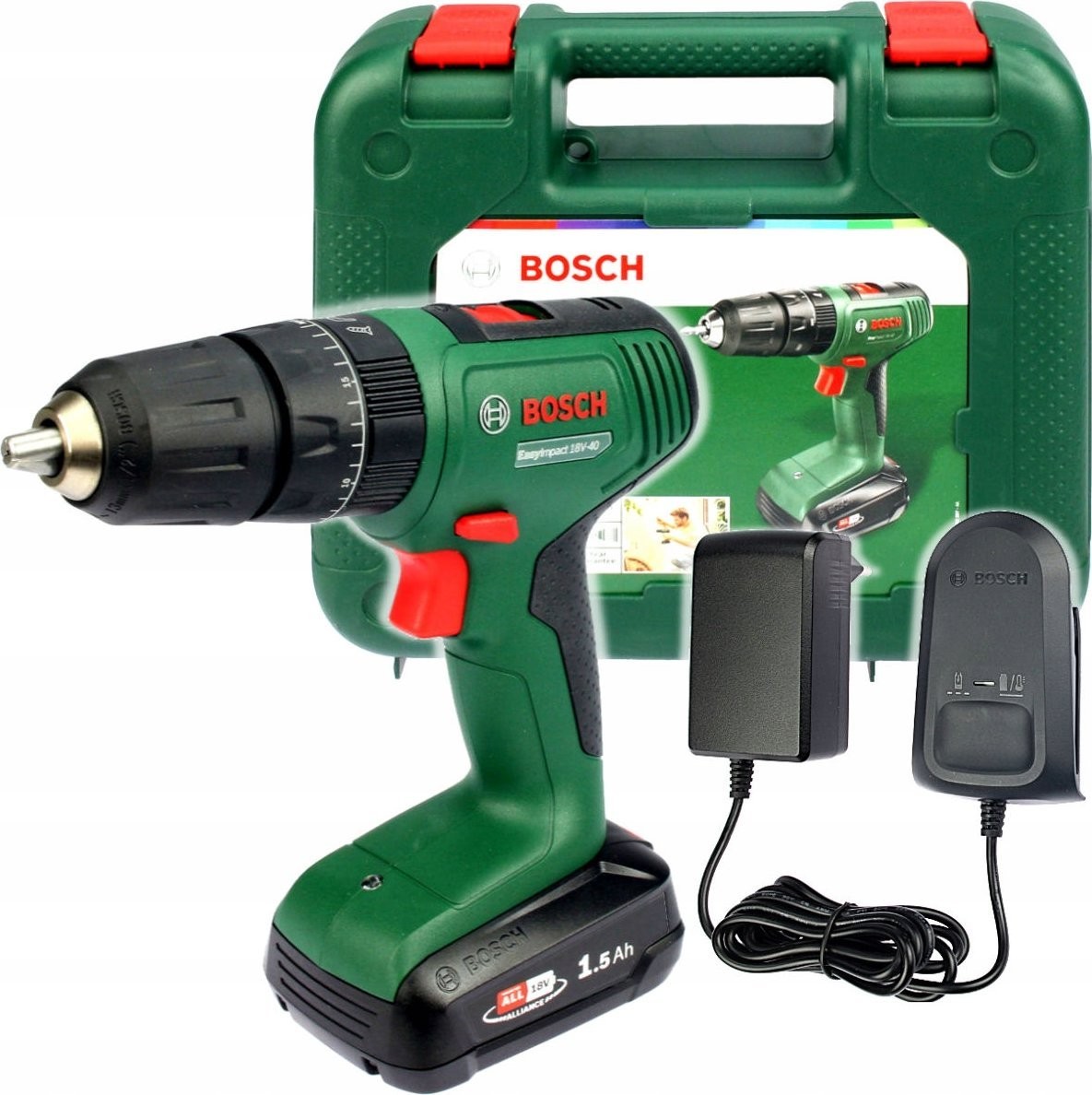 Bosch Akku-Schlagbohrmaschine EasyImpact 18V-40 (grün/schwarz, Li-Ionen-Akku 1,5 Ah, Koffer, POWER FOR ALL ALLIANCE)