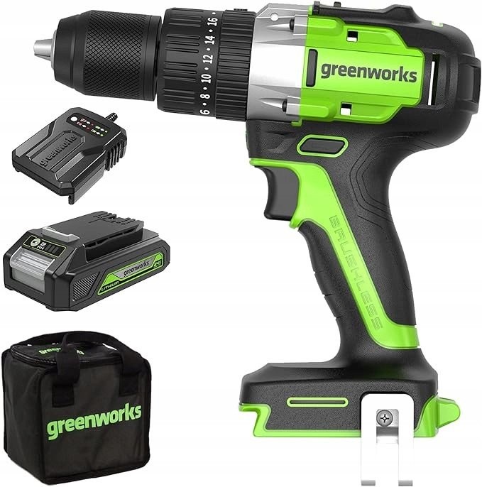 24-V-Bohrschrauber GD24DD60K2 von Greenworks, Set bestehend aus Ladegerät + 2-Ah-Akku + Softtasche