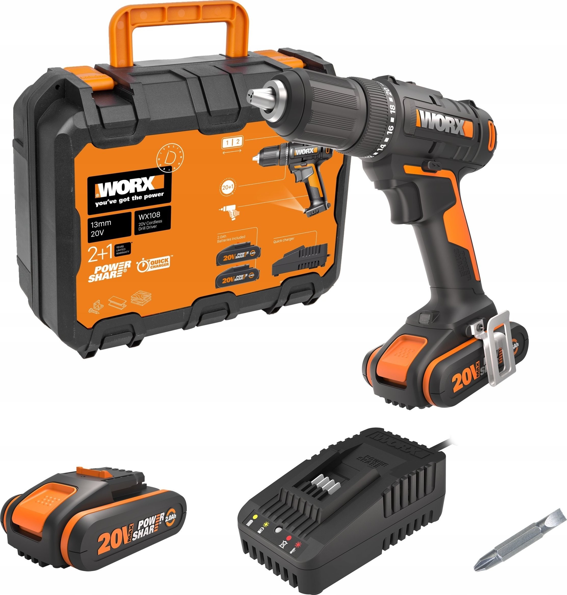 Bohrschrauber Worx Akku-Schrauber WORX WX108 20 V, 45 Nm, LED