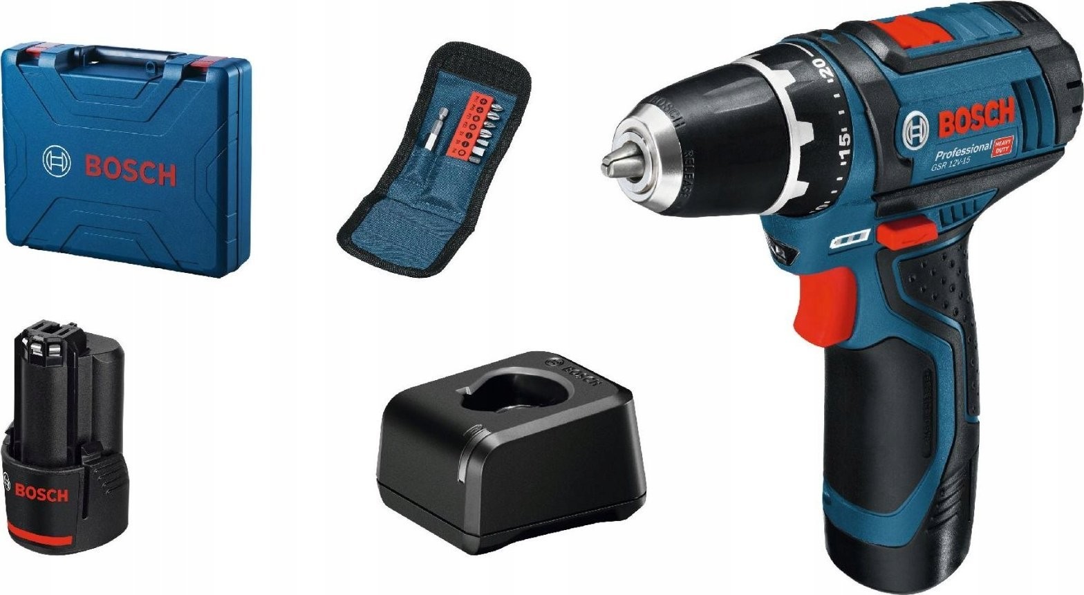 Bosch Professional Akku-Schrauber BOSCH Professional GSR 12V-15, 2 Akkus 12 V, 2,0 Ah, 10-teiliges Zubehörset,