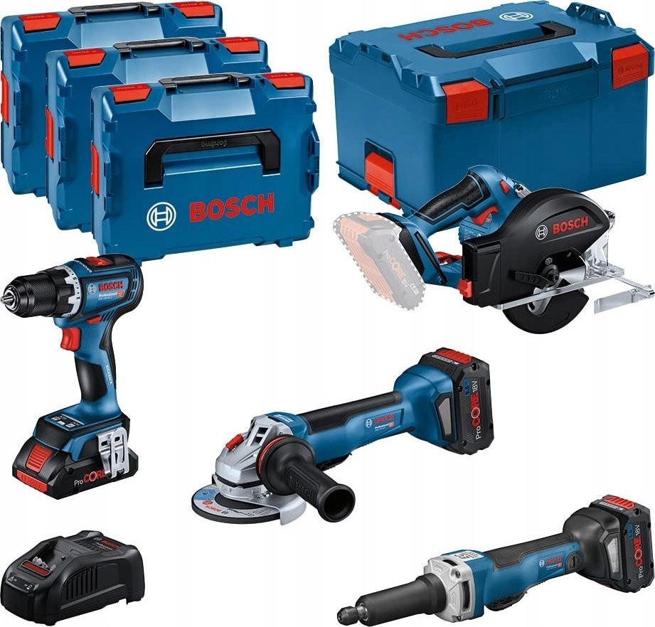 BOSCH.COMBO SET 18 V (GSR 18V-90C + GWS 18V-15 PSC + GKM 18V-50 + GGS 18V-23 PLC) 1xPC4,0Ah 2xPC5,5Ah ...