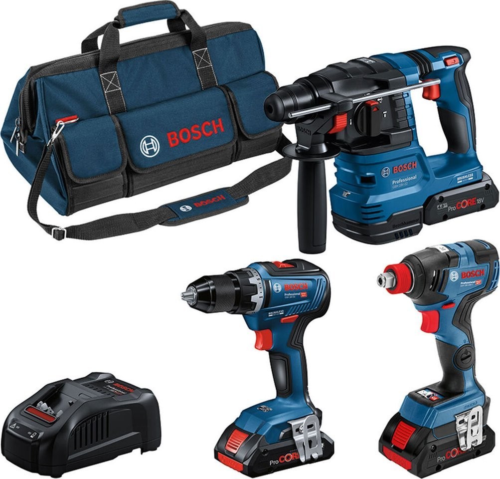 Bosch-Elektrowerkzeugset: Bosch-Kombiset GSR 18V-55 + GDX 18V-200 + GBH 18V-22, Werkzeugset (blau, 3x ProCORE18V-Akku)