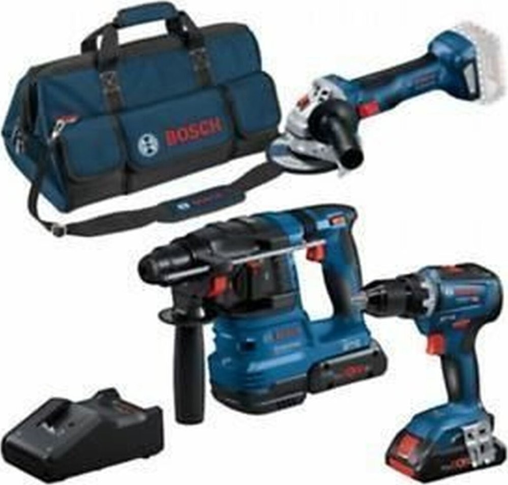 Bosch-Elektrowerkzeug-Set „Bosch Combination Set 18V“: GSR 18V-55 + GWS 18V-7 + GBH 18V-22, Werkzeugset (blau, 2x ProCORE1-Akku)